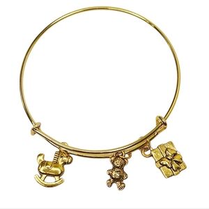 Gold Christmas Charm Bangle Bracelet - Gift, Rocking Horse and Teddy Bear Charms